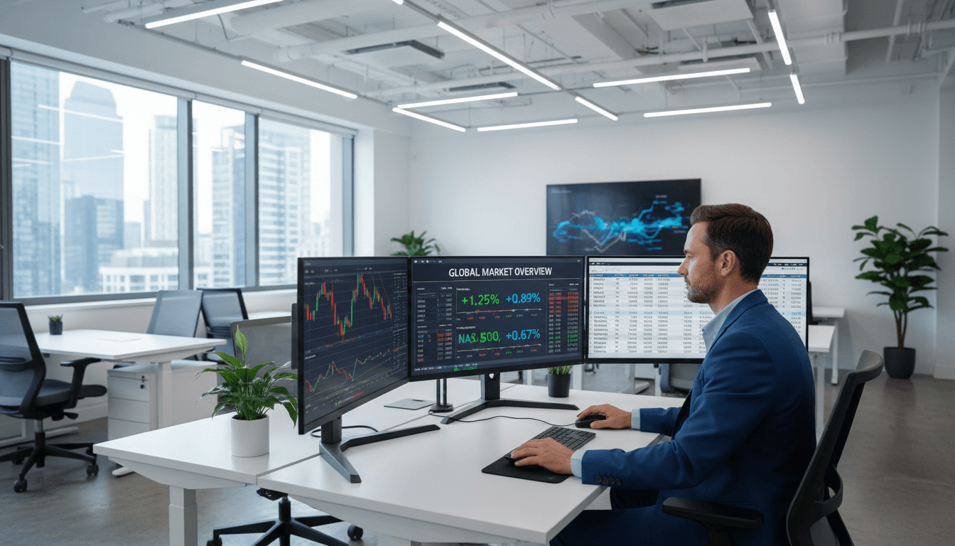 Financial analyst reviewing stock market charts on a computer screen in a modern office