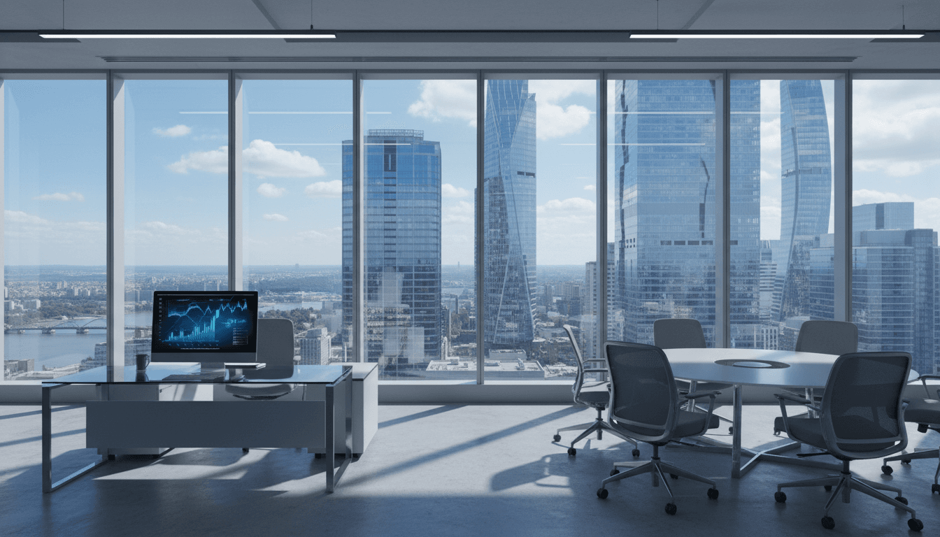 New York skyline viewed from a modern office with blue tones