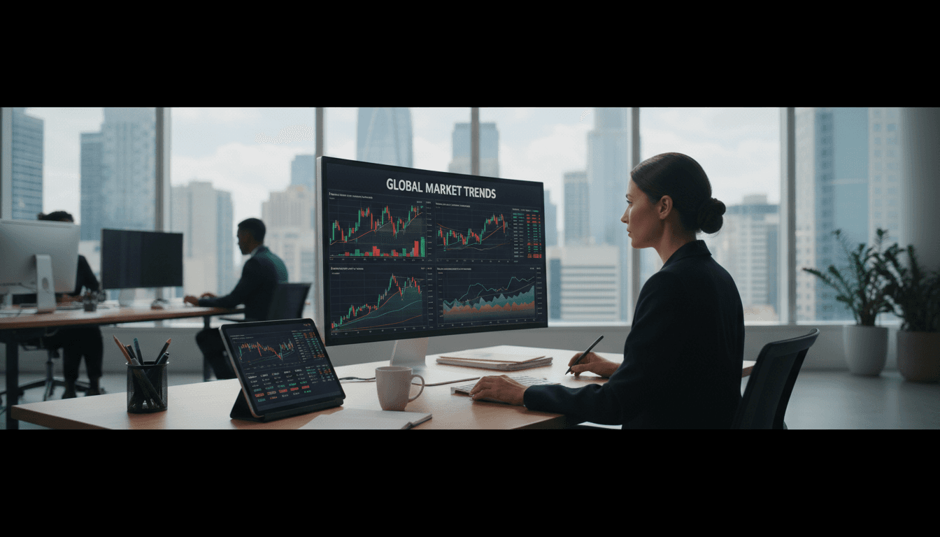 Financial analyst reviewing market charts on a modern office desk