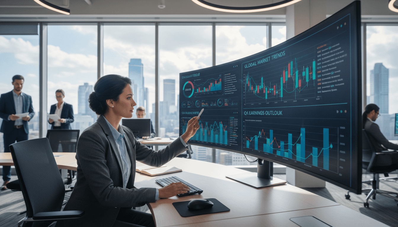 Financial analyst reviewing market data charts on a monitor in a modern office